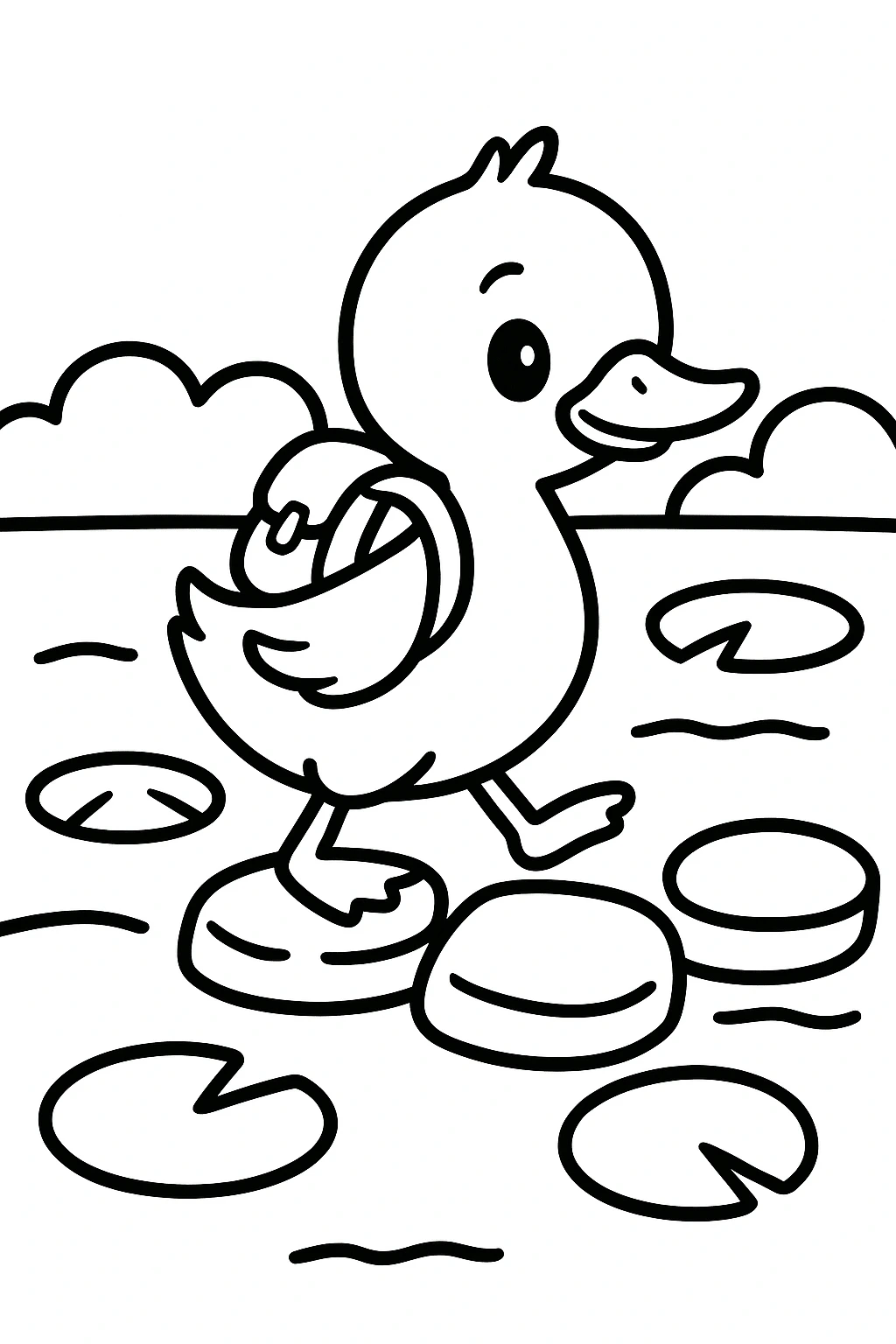 A duckling wearing a tiny backpack, standing on a stepping stone path across a pond, with three lily pads arou — printable coloring page