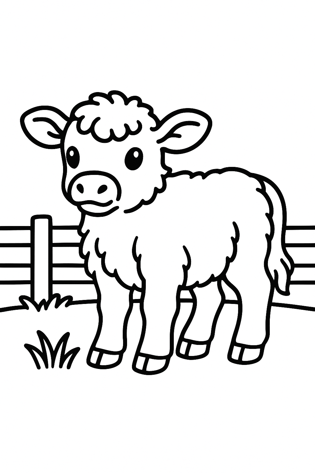 A fluffy calf standing in the center of the page, with a small patch of grass and a fence line behind it — printable coloring page