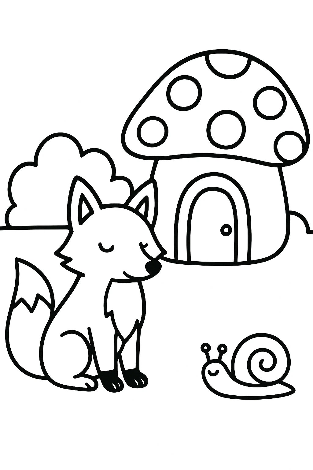 A fox sitting in front of a small mushroom house, with two rounded bushes and one snail near the doorway, usin — printable coloring page