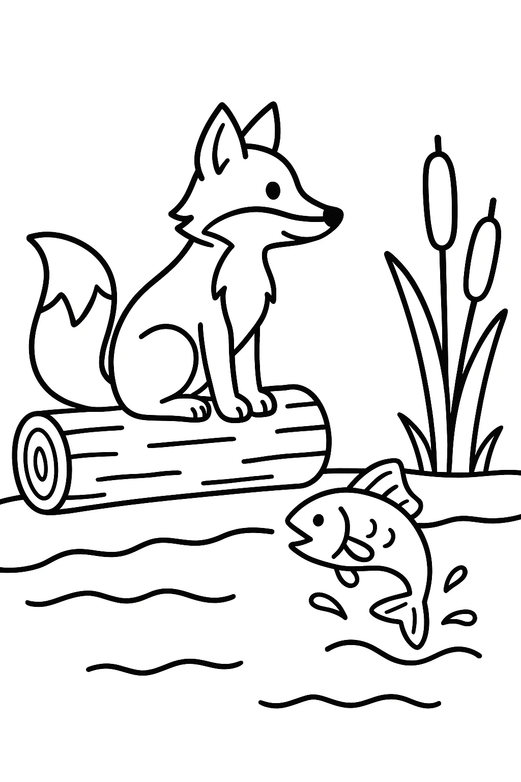 A fox sitting on a log at the edge of a stream, watching one fish jump and two reeds growing at the bank — printable coloring page