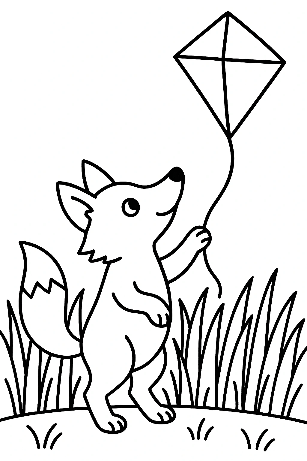A fox standing in a field of tall grass, reaching toward a kite string that leads to a diamond-shaped kite ove — printable coloring page
