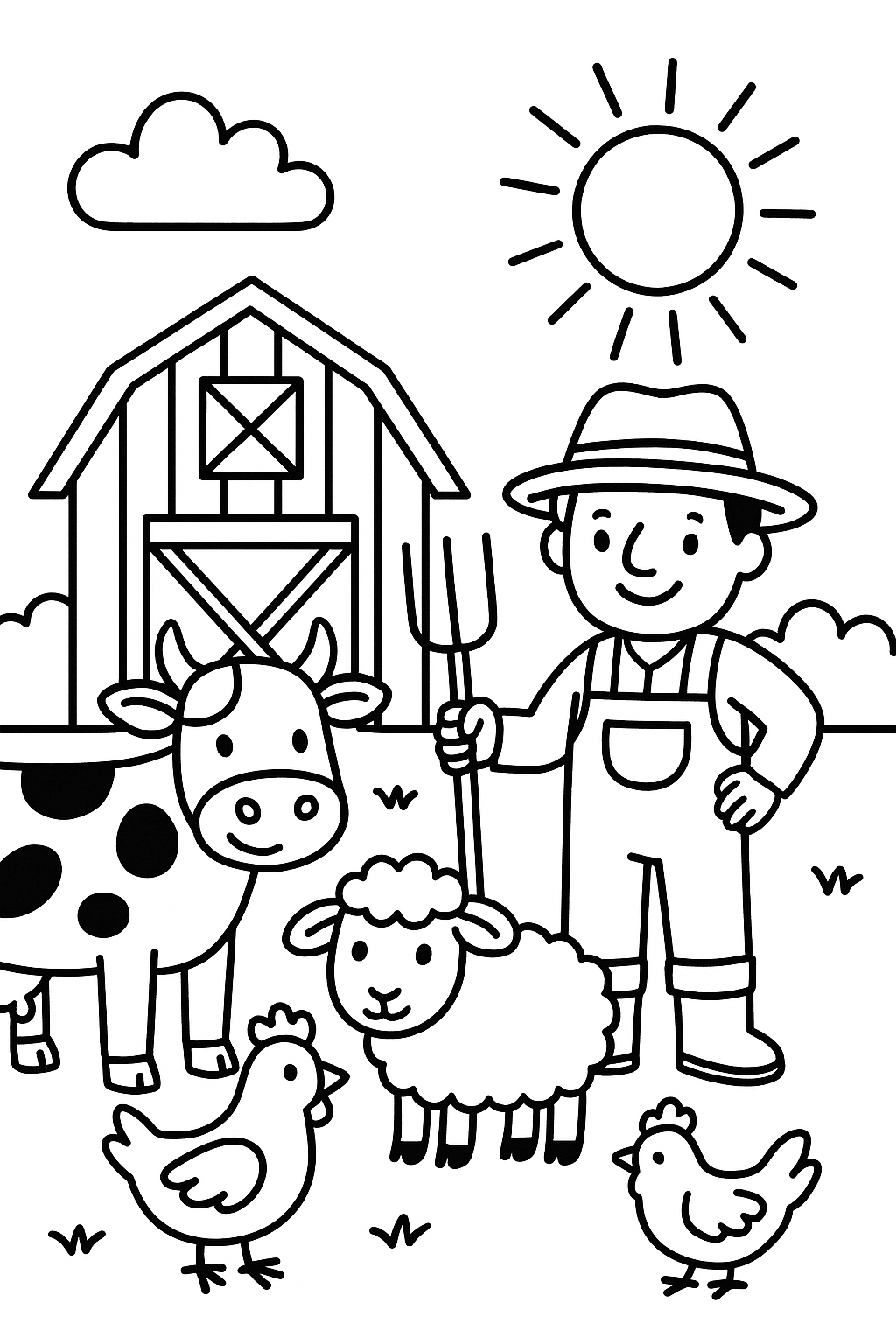 A friendly farmer standing beside a big barn, with a cow, a sheep, and a chicken gathered nearby in a sunny fa — printable coloring page