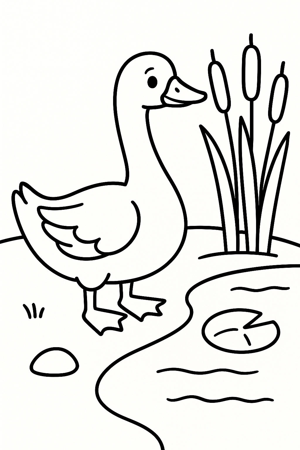 A friendly goose standing by a pond edge, with reeds, a lily pad, and a small stone — printable coloring page
