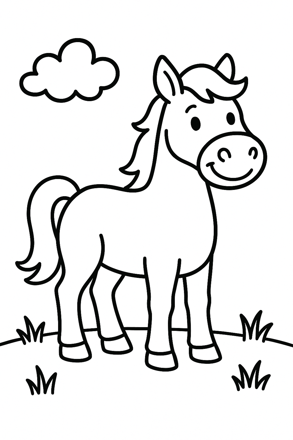 A friendly horse standing proudly in the center, with a small cloud and a few blades of grass below — printable coloring page