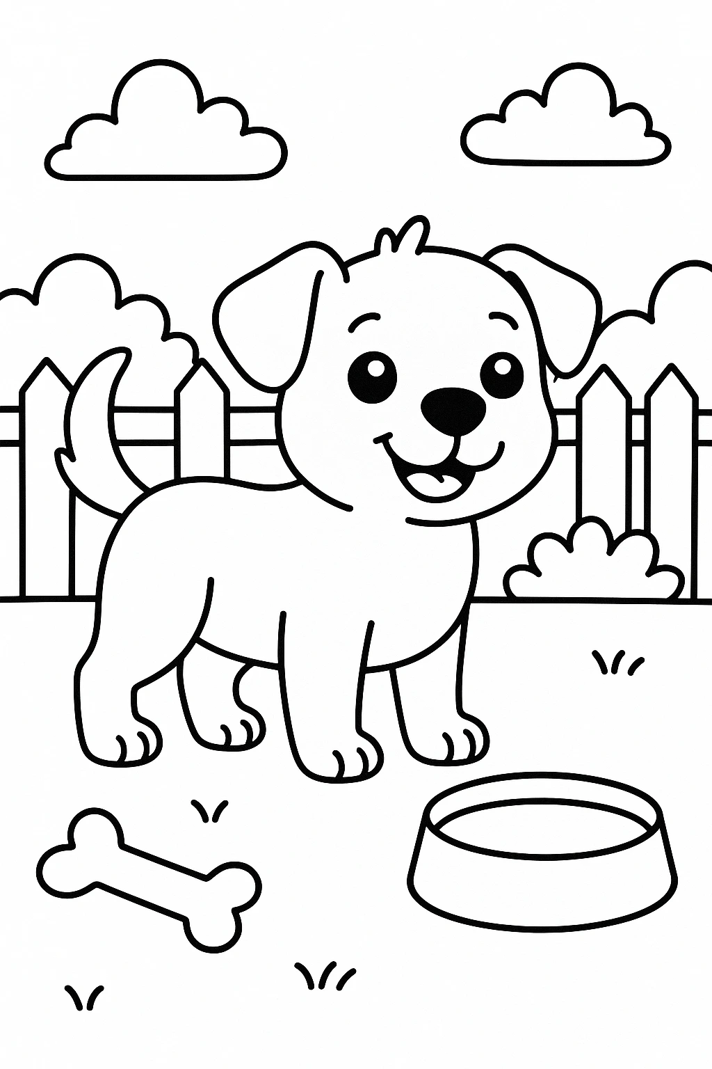A friendly puppy standing beside a round water bowl in a backyard, with one bone-shaped toy and a small fence — printable coloring page