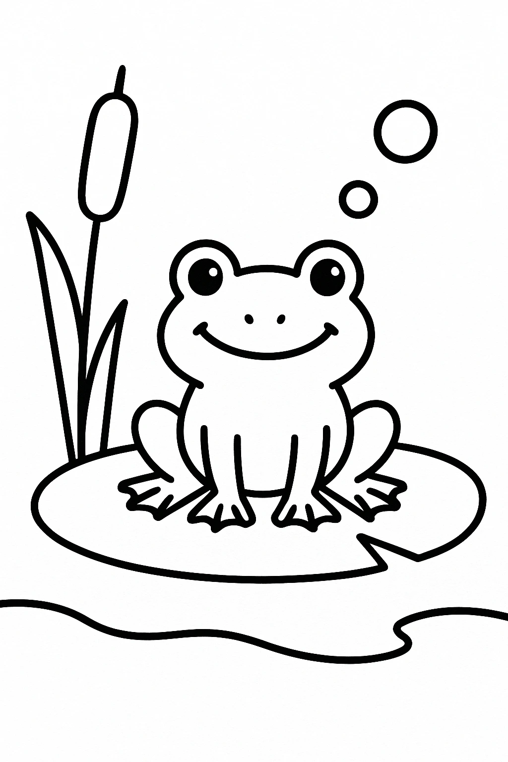 A frog sitting on a lily pad beside a single cattail and two floating bubbles, with a calm pond shape kept ver — printable coloring page