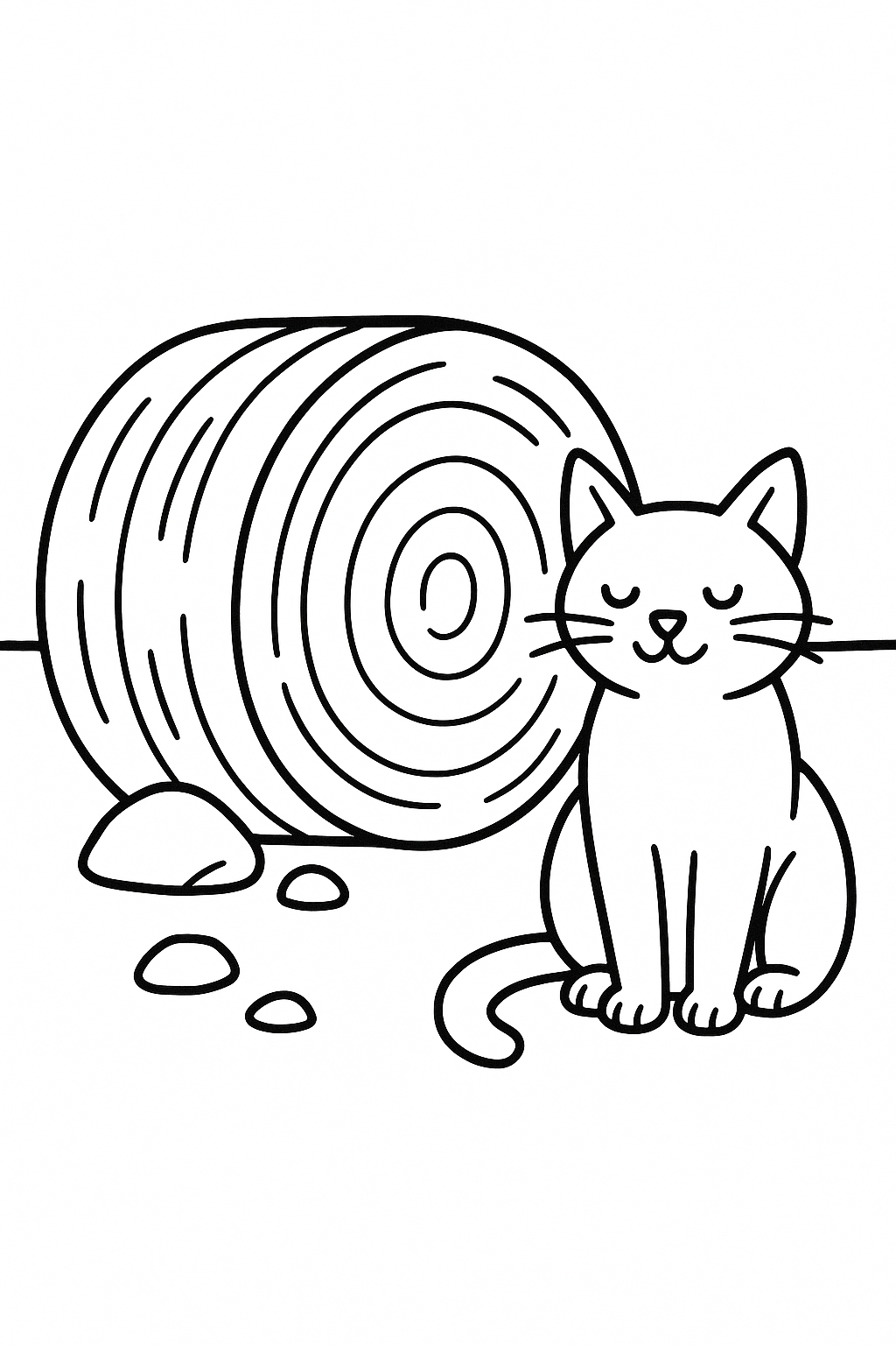 A gentle barn cat sitting beside a round hay bale, with a few simple barnyard stones around it — printable coloring page