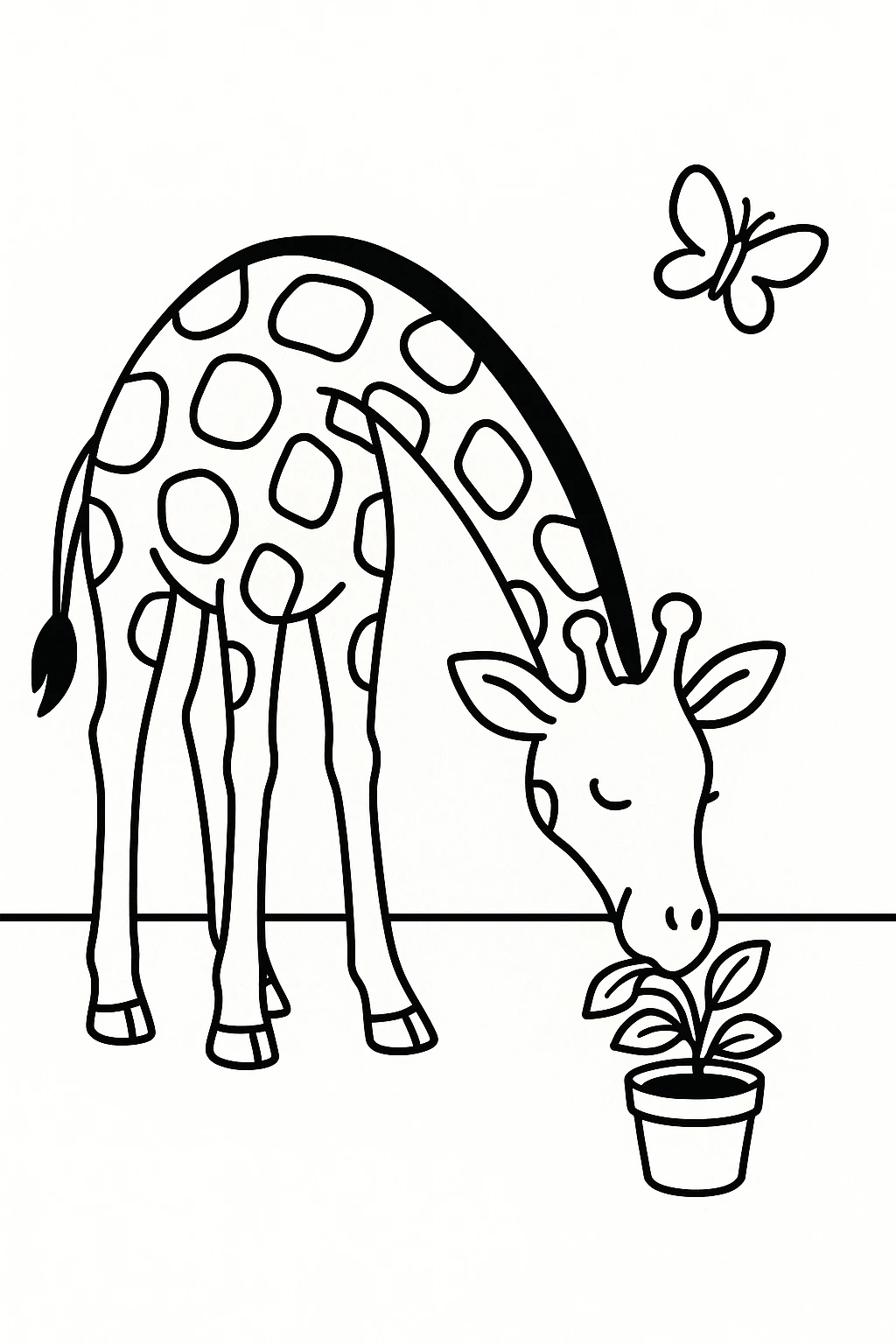 A giraffe leaning down to nibble leaves from a small potted plant, with one butterfly and a plain open floor a — printable coloring page