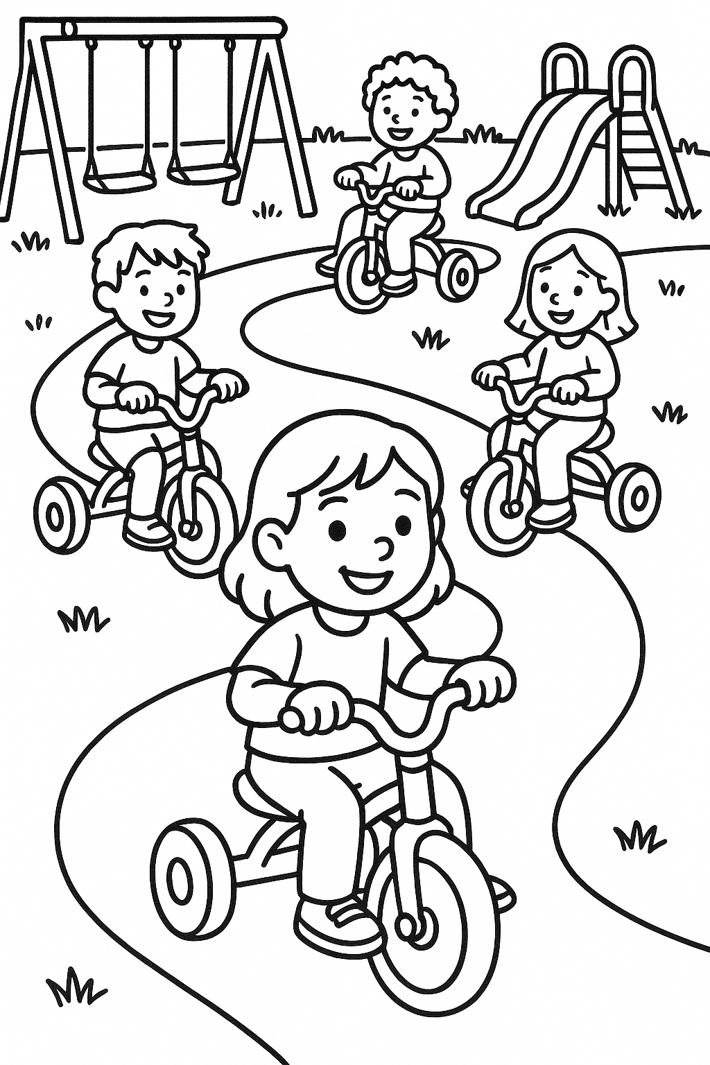 A group of children in the playground riding tricycles on a simple path — printable coloring page