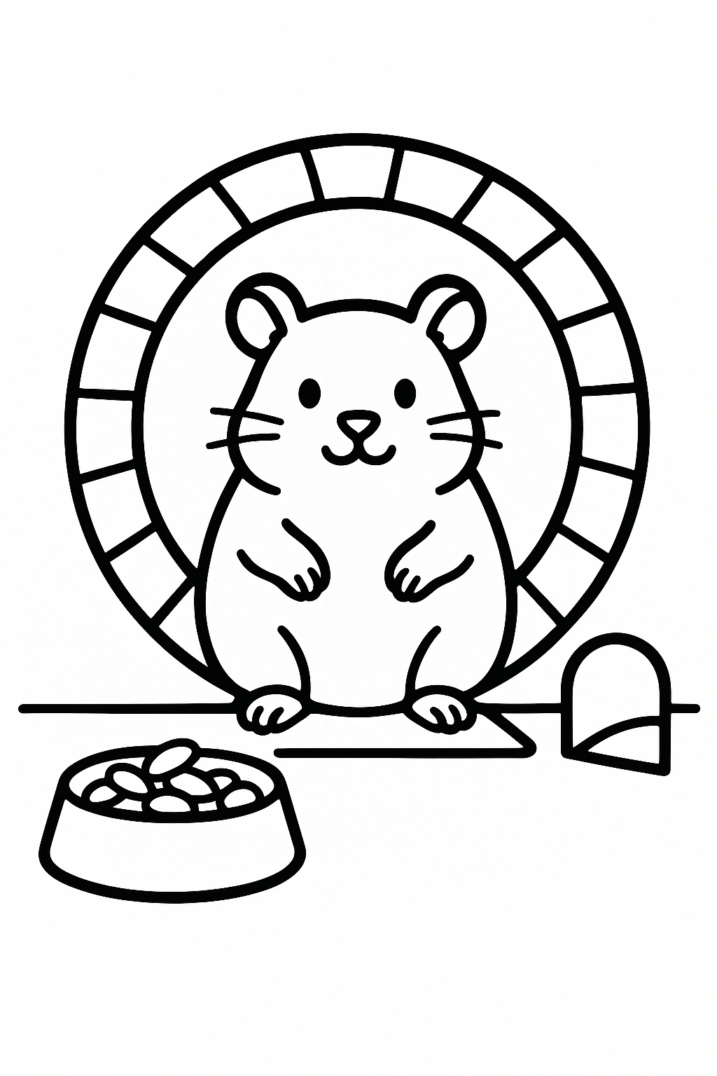A hamster sitting inside a wheel-shaped frame, with a seed bowl in front and a tiny tunnel opening beside it, — printable coloring page