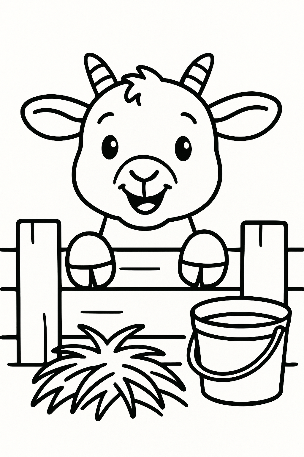 A happy baby goat peeking over a low fence, with a few hay strands and a small bucket beside it — printable coloring page