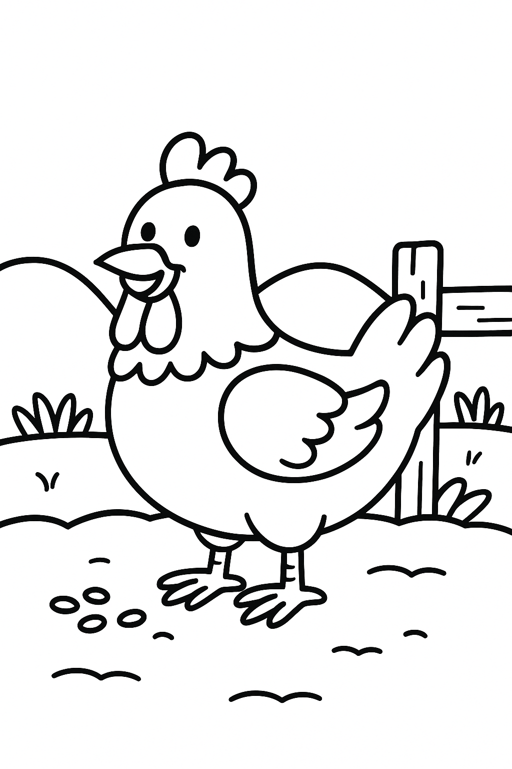 A happy chicken standing on a simple farm patch, with a few scattered seeds and a small fence post behind it — printable coloring page