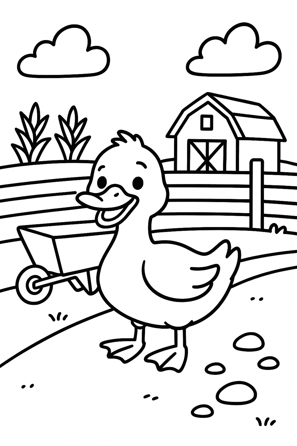 A happy duck standing on a farm path, with a wheelbarrow and a few pebbles nearby — printable coloring page