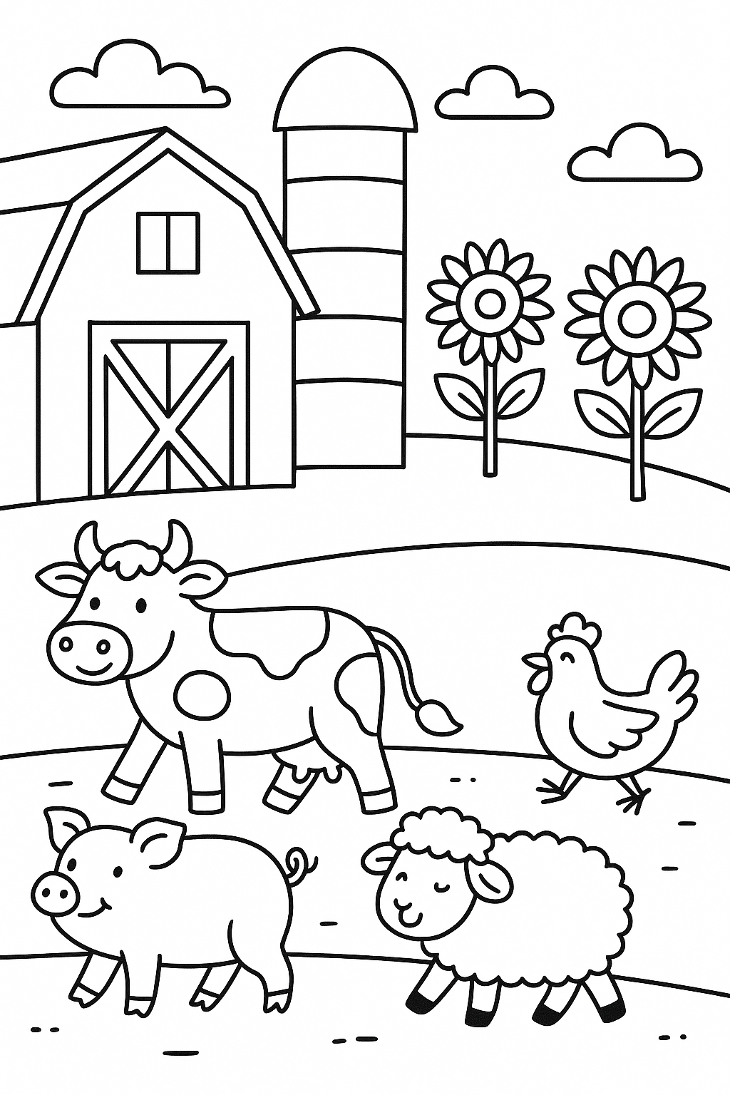 A happy farm parade with several animals walking along a path past a barn, a silo, and a row of sunflowers — printable coloring page