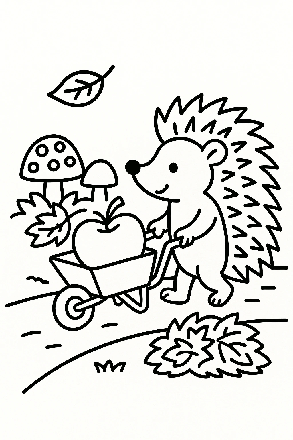 A hedgehog pushing a small wheelbarrow with one apple inside, on a garden path with two mushrooms and a leaf p — printable coloring page