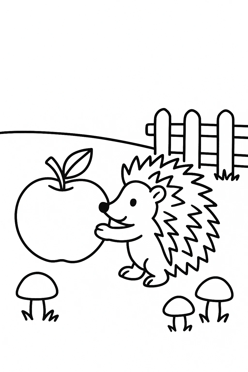 A hedgehog rolling a big apple beside a small fence, with three simple mushrooms and a blank open field around — printable coloring page