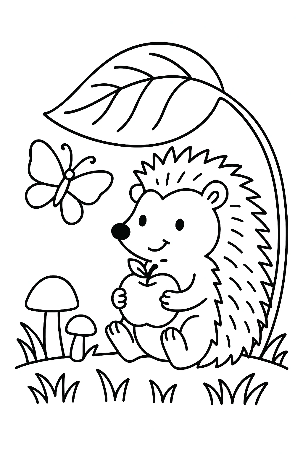 A hedgehog sitting under a big leaf, sharing an apple with a butterfly nearby and two mushrooms in the grass — printable coloring page
