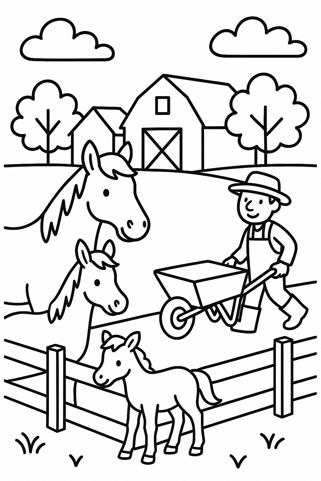 A horse and foal standing by a fence while a farmer leads a wheelbarrow nearby, with barn roofs and trees behi — printable coloring page