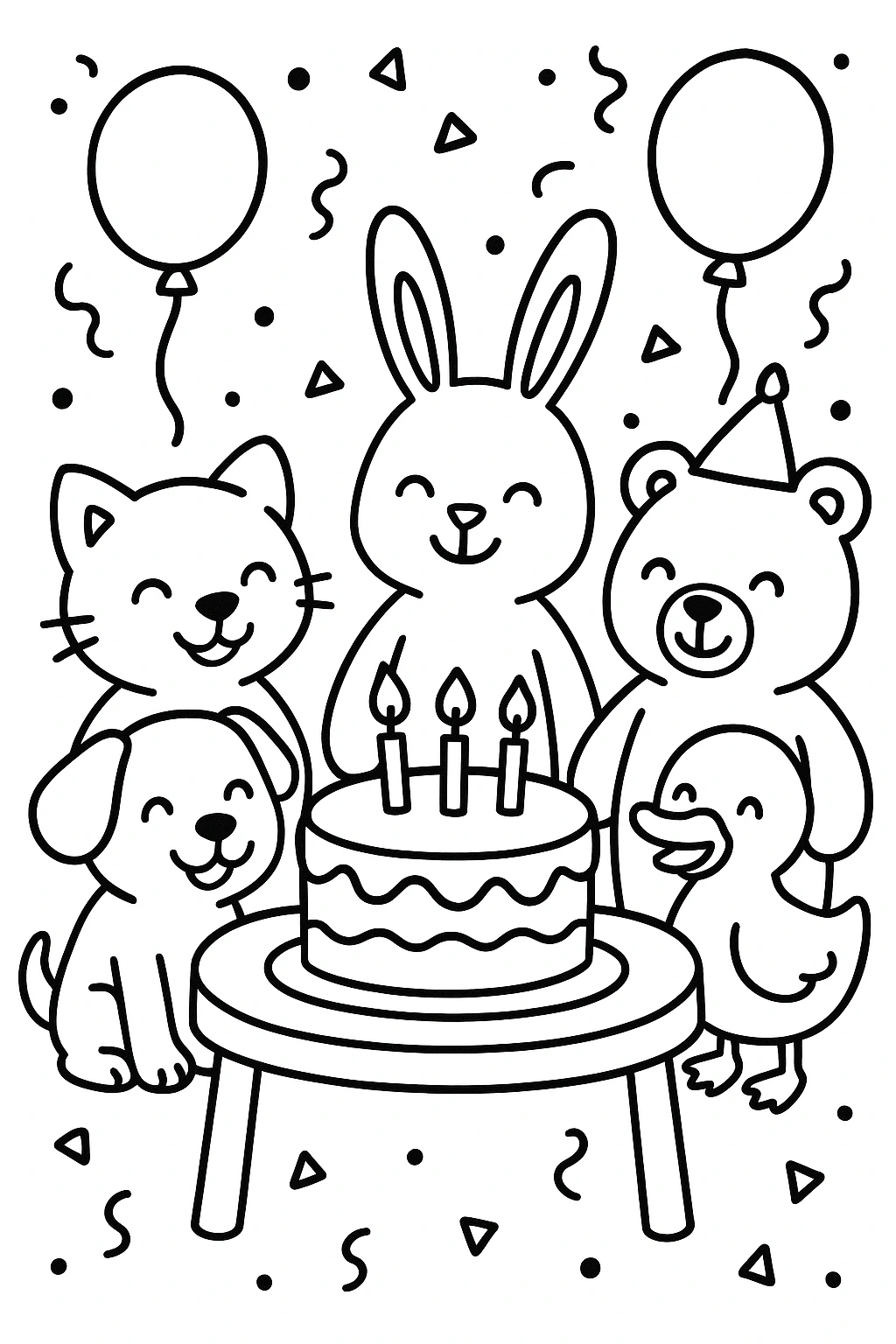 A joyful group scene with one kitten, one puppy, one bunny, one bear, and one duck standing in a gentle semici — printable coloring page