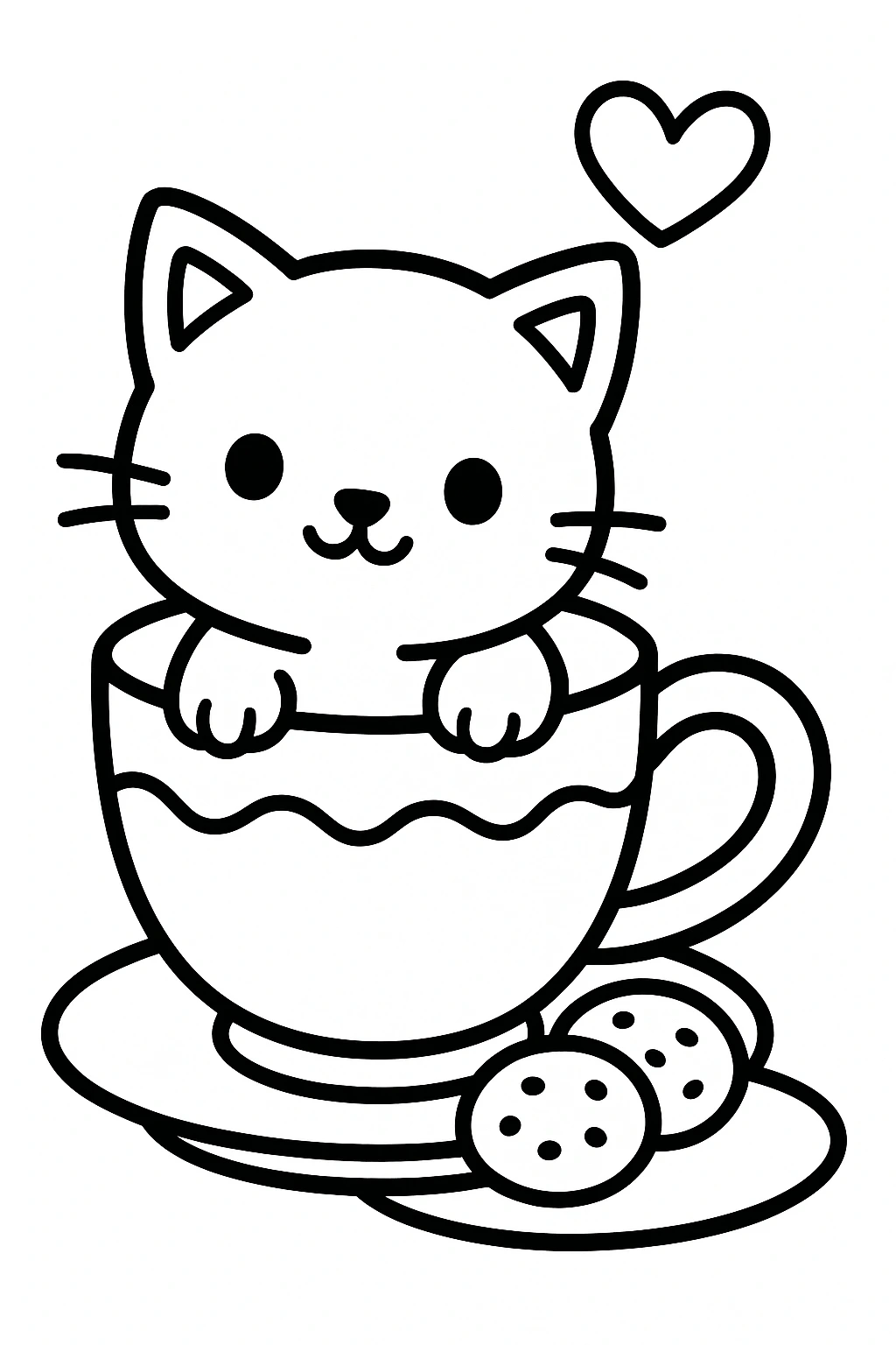 A kitten peeking out of a teacup, with two tiny cookies on a saucer and one heart above, designed with thick e — printable coloring page