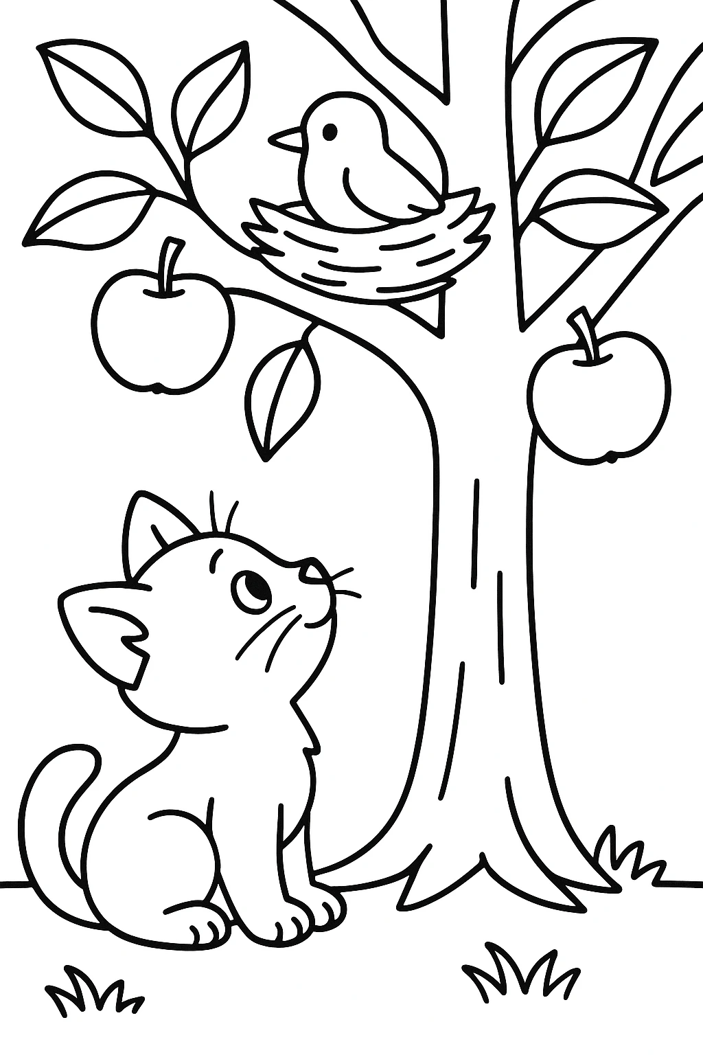 A kitten sitting at the base of a tree, looking up at a bird in a nest, with two apples hanging from the branc — printable coloring page