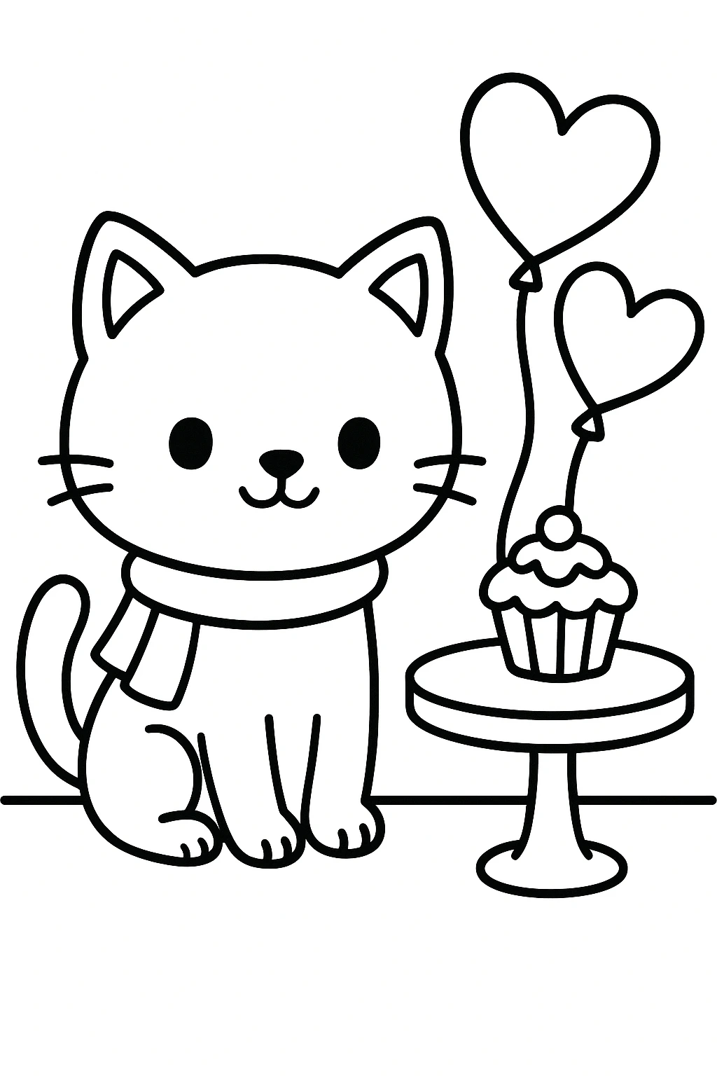 A kitten wearing a scarf, sitting in front of a teacup-sized table with one cupcake and two heart-shaped ballo — printable coloring page