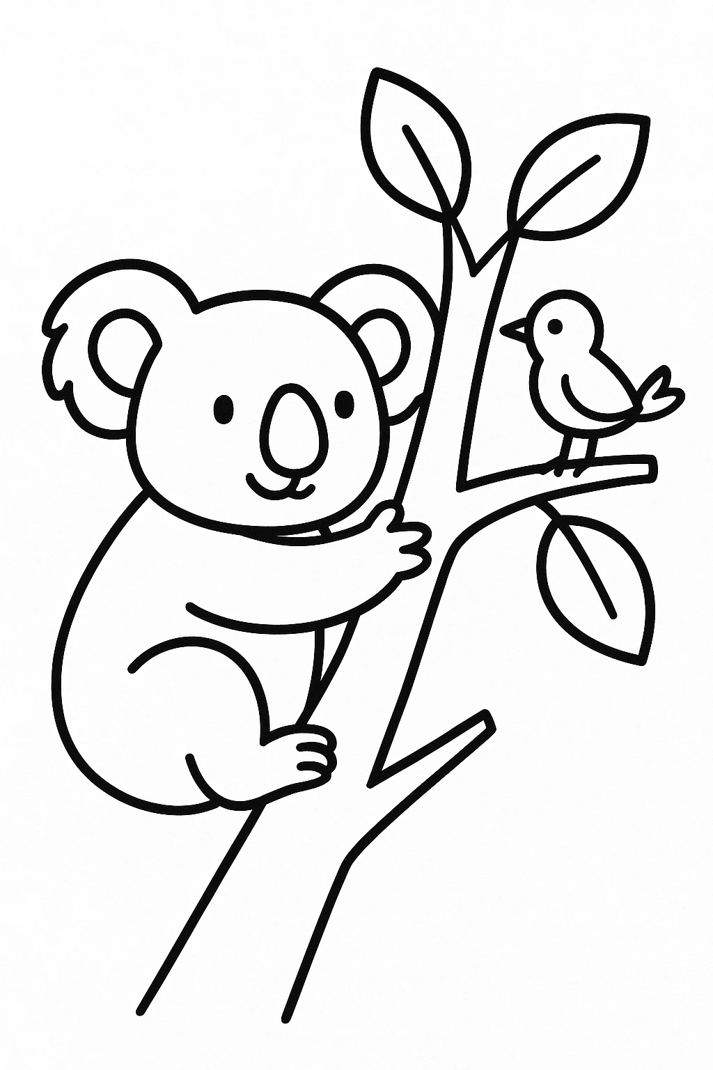A koala hugging a branch on a small tree, with two rounded leaves and one bird sitting on a nearby twig, all i — printable coloring page