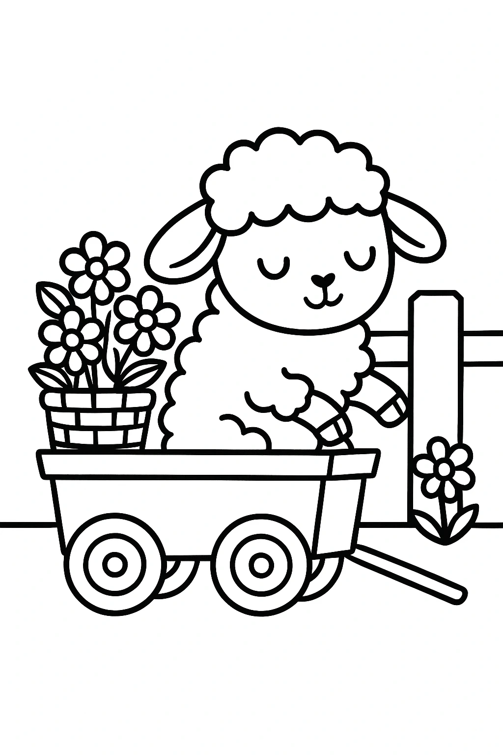 A lamb riding in a little wagon pulled by nothing, with one flower basket and a fence post behind it — printable coloring page