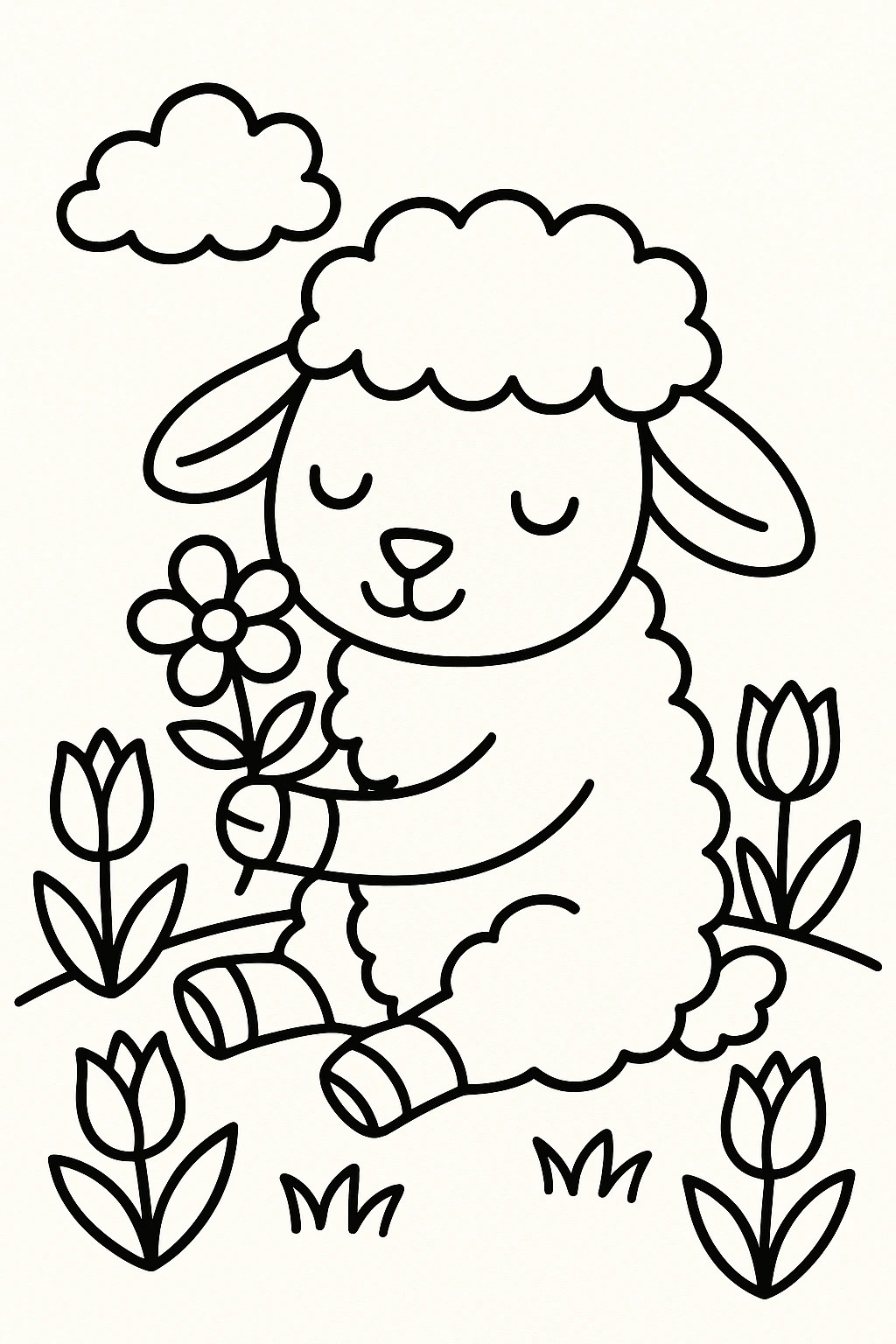 A lamb sitting in a meadow, holding a flower, with three tulips and a small cloud in the open space around it — printable coloring page