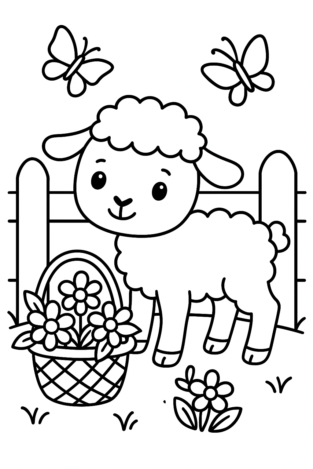 A lamb standing beside a little fence, with a basket of flowers at its feet and two butterflies above the fenc — printable coloring page