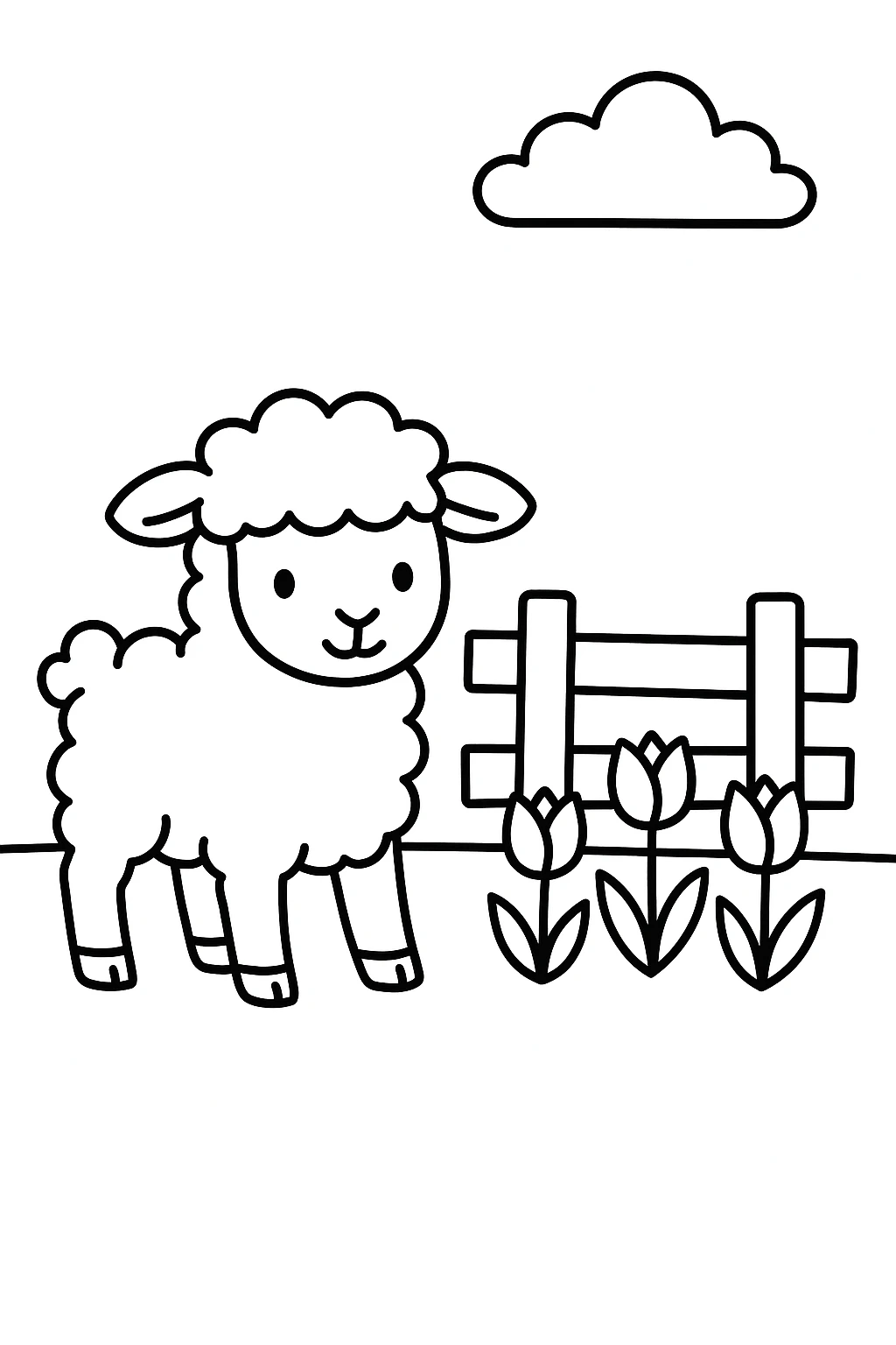 A lamb standing beside a simple wooden fence with three tulips and a small cloud overhead, leaving plenty of b — printable coloring page