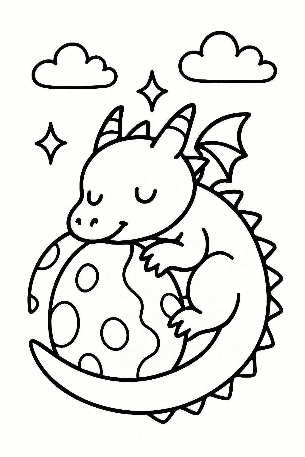A little dragon curled around a large egg, with two small clouds and three sparkles around it, friendly and ea — printable coloring page