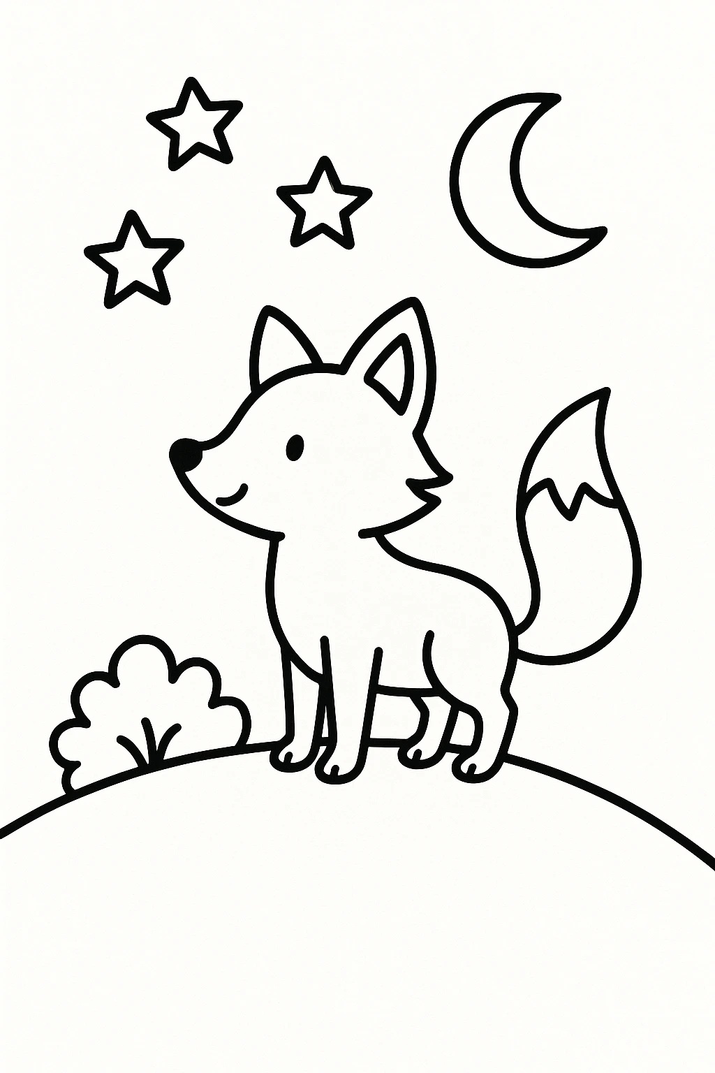 A little fox standing on a hill, looking at three stars above a small bush and a simple crescent moon — printable coloring page