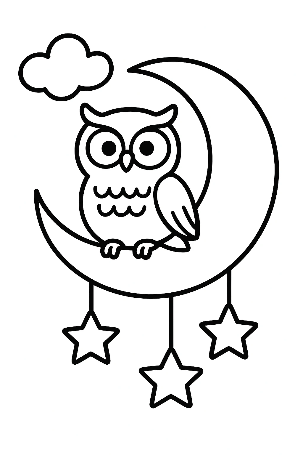 A little owl perched on a crescent moon, with two hanging stars below it and a small cloud nearby, all in bold — printable coloring page