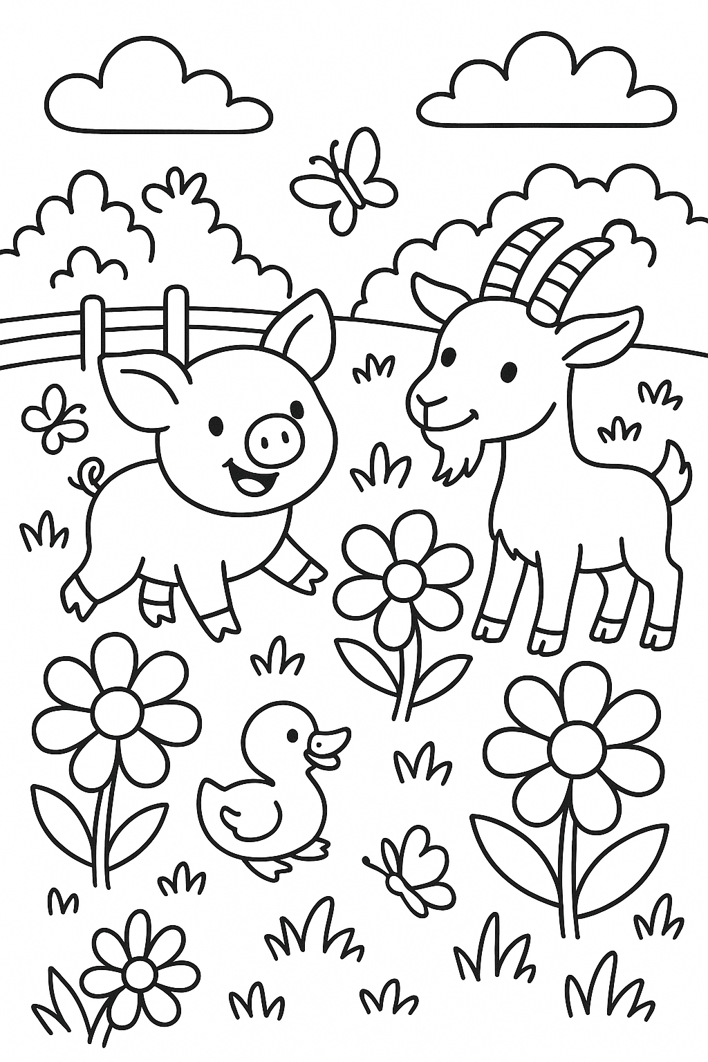A meadow scene with a piglet, a goat, and a duckling playing among large flowers, butterflies, and a simple fe — printable coloring page