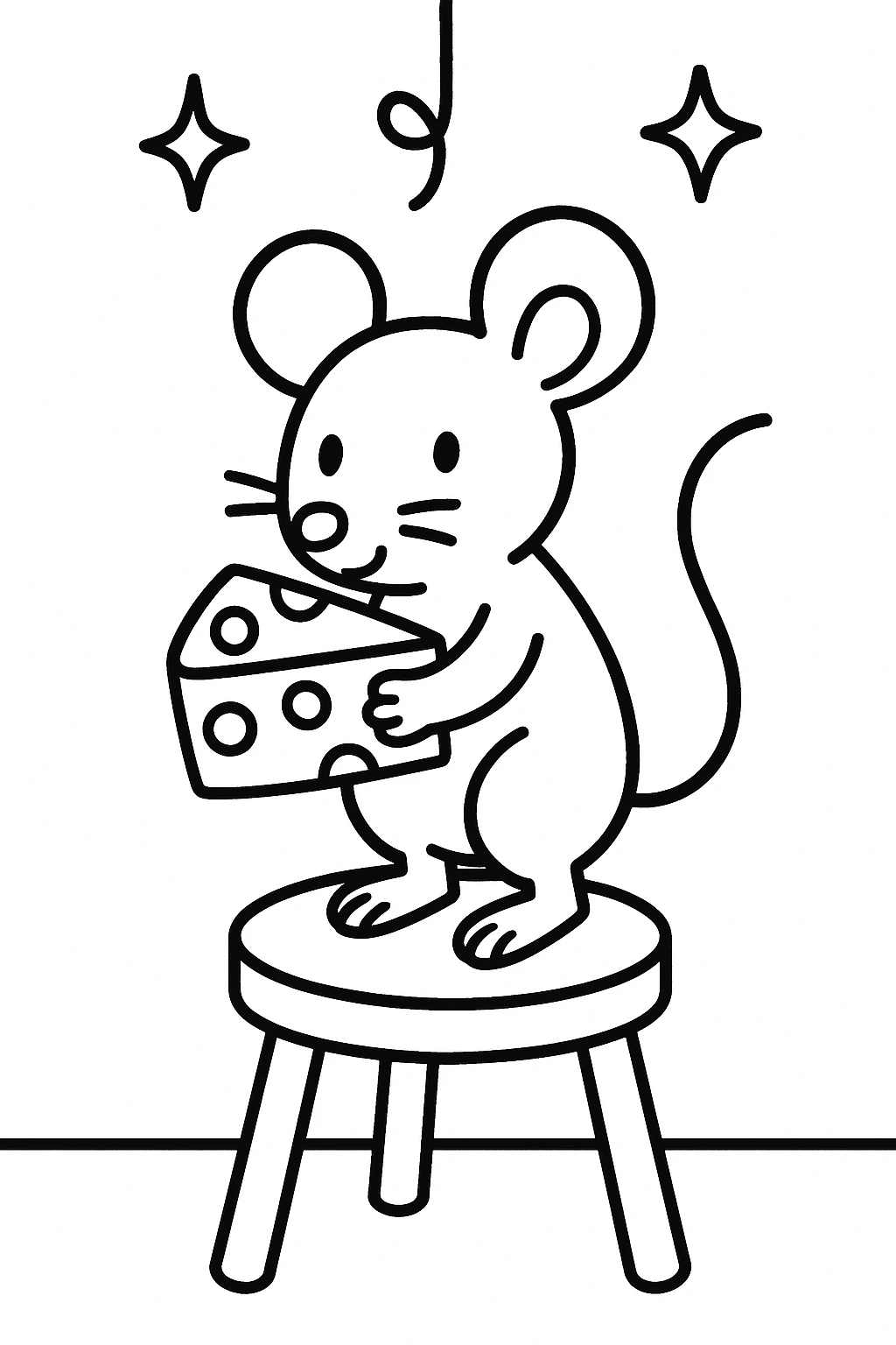 A mouse holding a wedge of cheese while standing on a round stool, with two little stars and a simple hanging — printable coloring page
