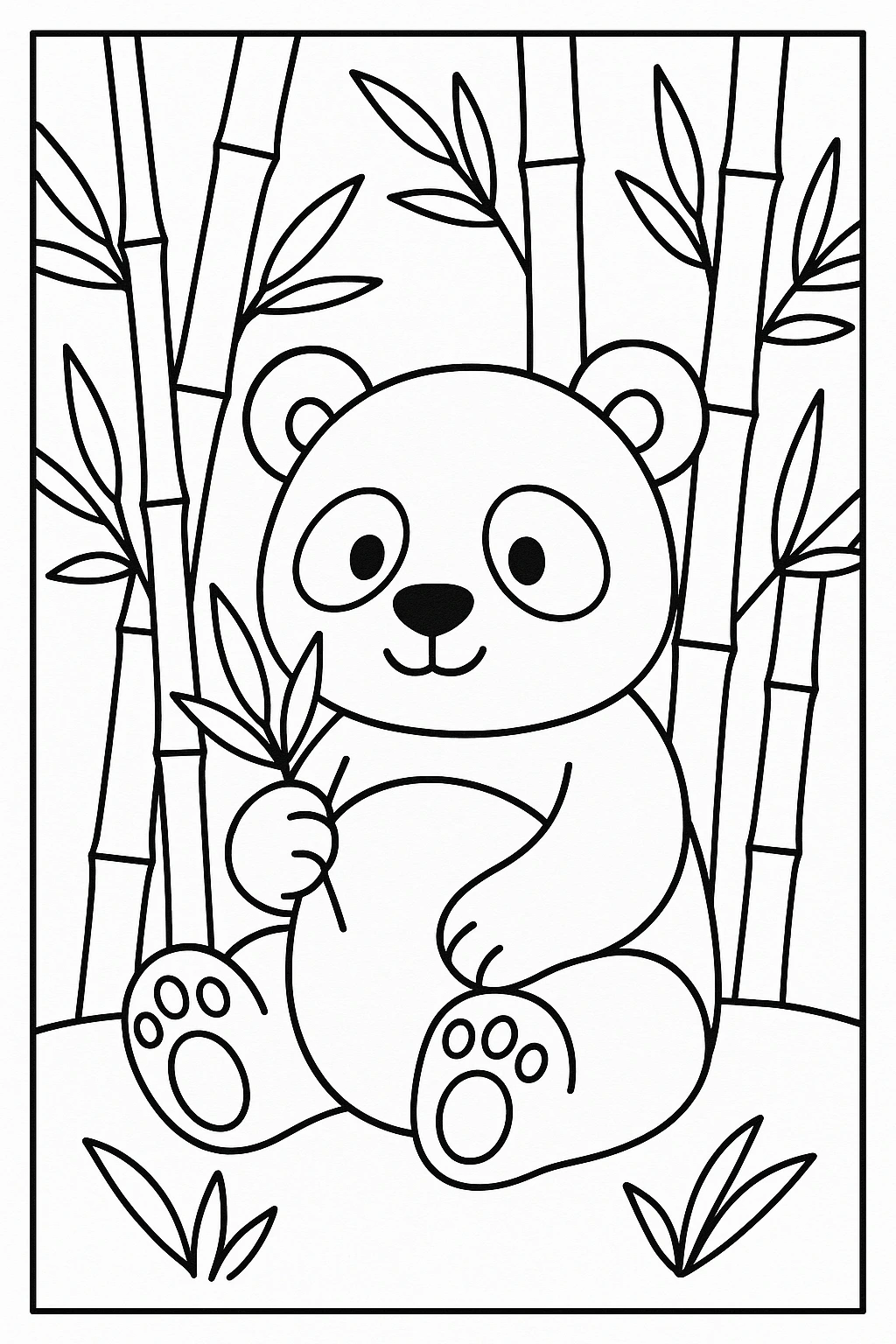 A panda sitting in a bamboo grove, holding one bamboo leaf, with several simple bamboo stalks arranged behind — printable coloring page