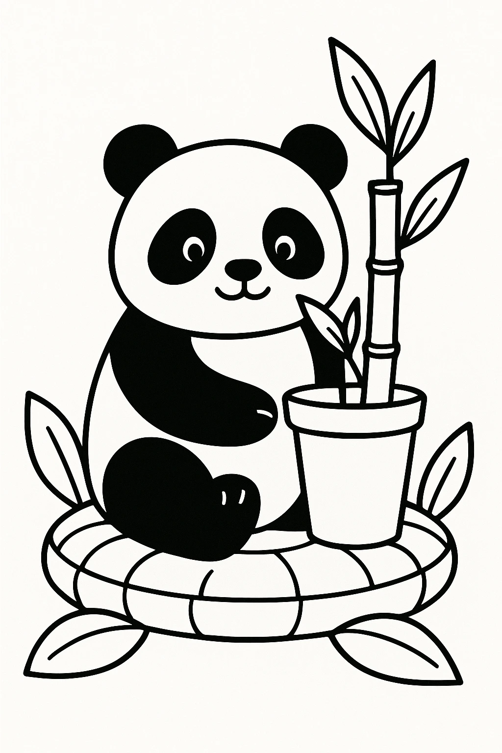 A panda sitting with a bamboo stalk in a pot, with two leaves and a round cushion beneath, arranged as a cozy — printable coloring page
