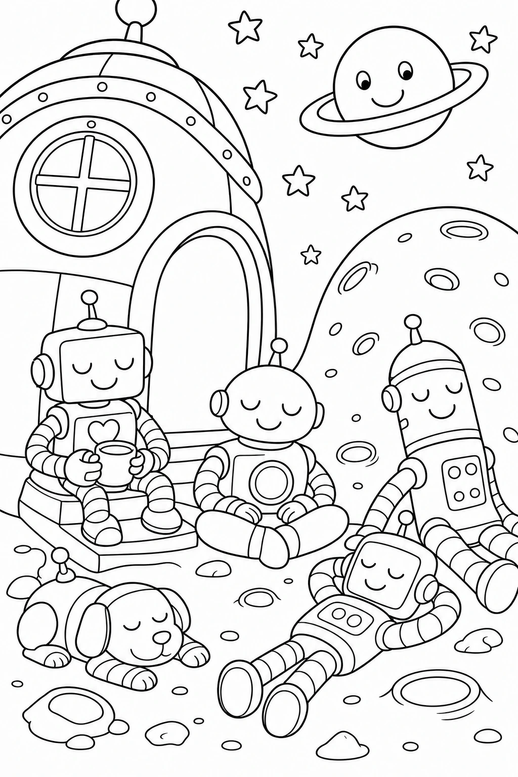 A peaceful group of robots resting together beside a cosy spaceship doorway, with a round window, floating sta — printable coloring page