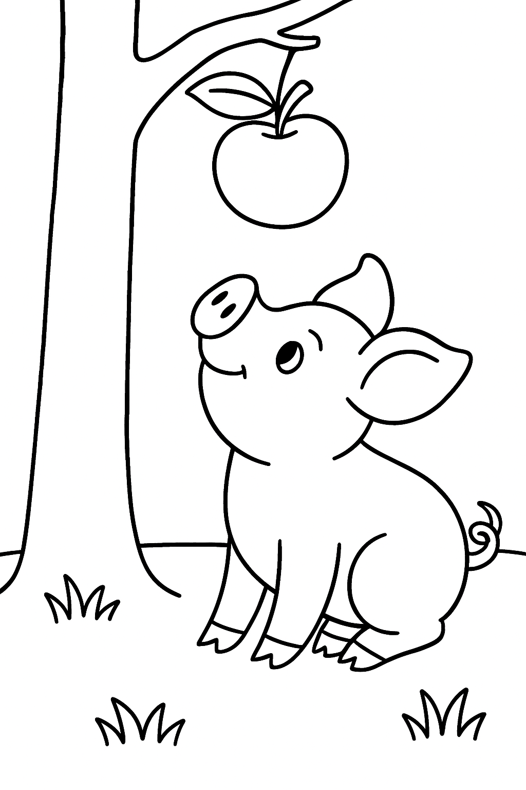 A piglet looking up at a hanging apple, with a simple tree trunk and a few grass tufts — printable coloring page