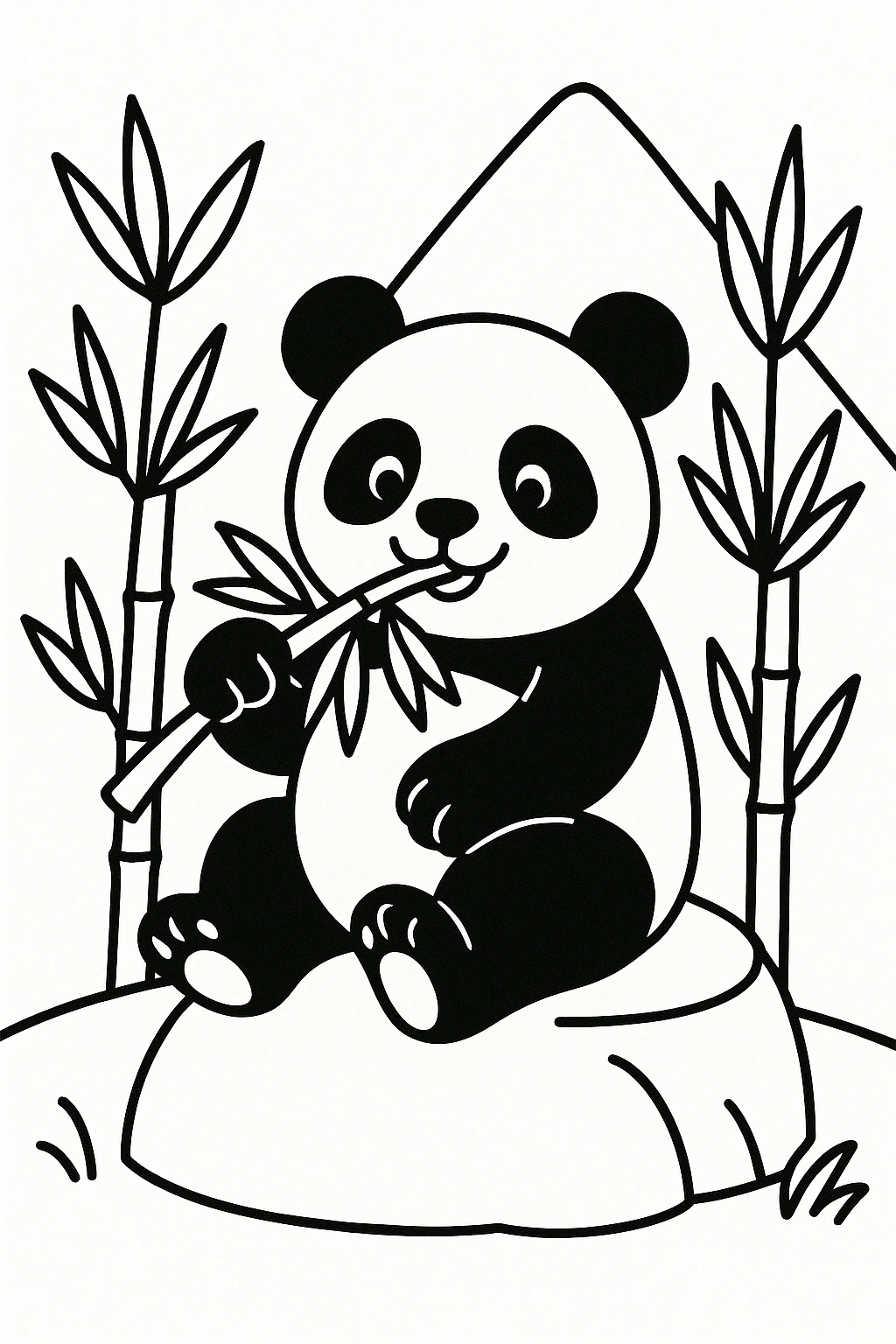 A playful panda sitting on a low rock, eating a bamboo stalk, with two bamboo shoots and a simple mountain sha — printable coloring page