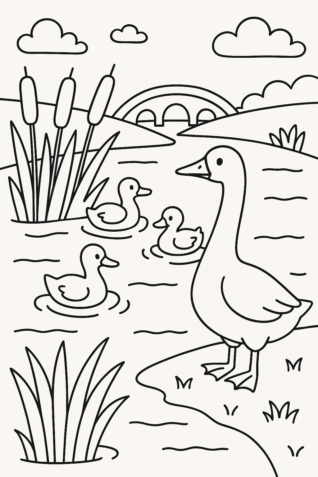 A pond and pasture scene with ducks on the water, a goose on the bank, tall reeds, and a small bridge in the b — printable coloring page
