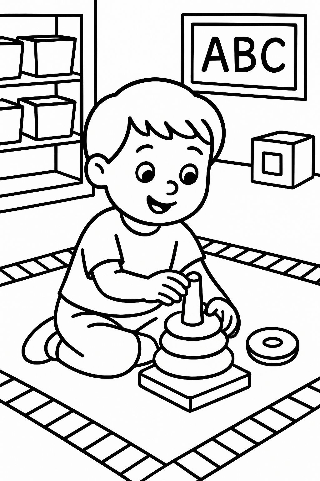 A preschool child playing with stacking rings on a classroom mat — printable coloring page