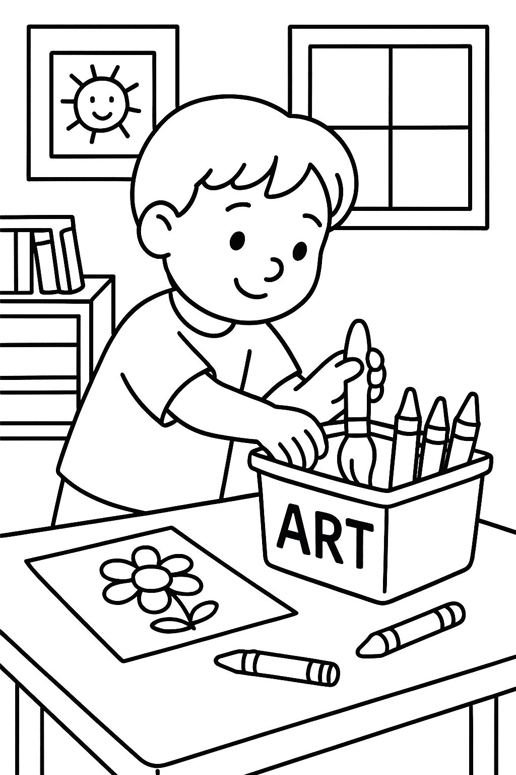 A preschool child putting art supplies into a storage bin at the end of craft time — printable coloring page