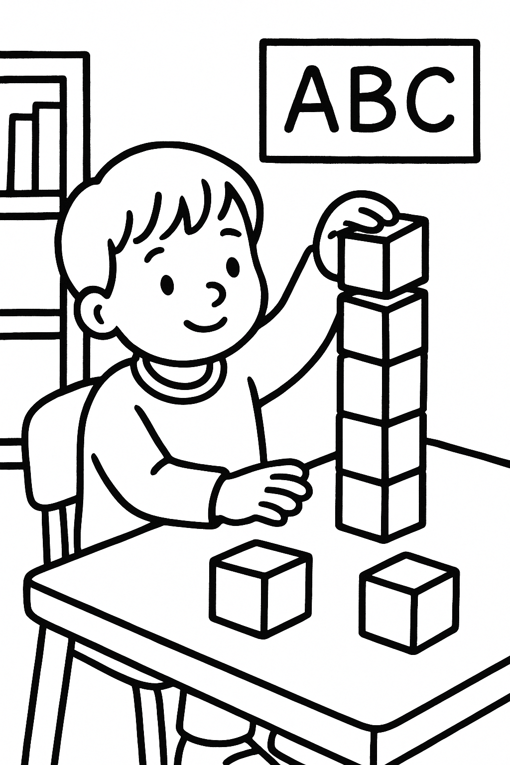 A preschool child sitting at a classroom table, stacking large building cubes into a tower — printable coloring page