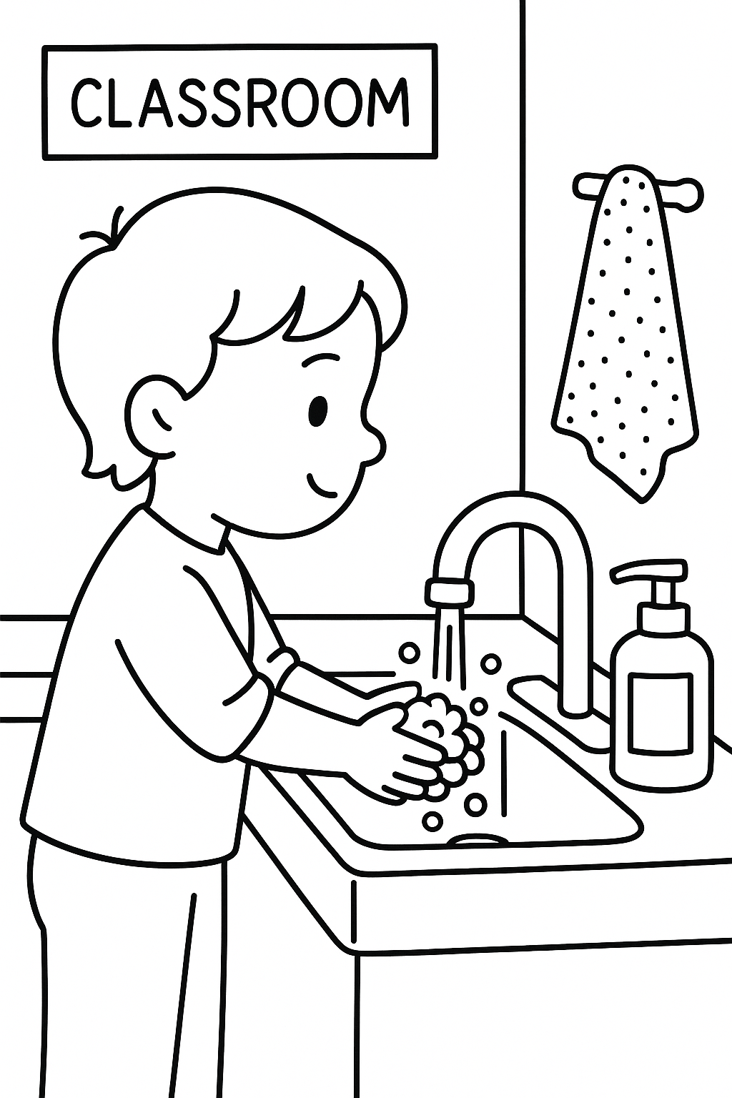 A preschool child washing hands at a classroom sink, with soap pump and towel nearby — printable coloring page