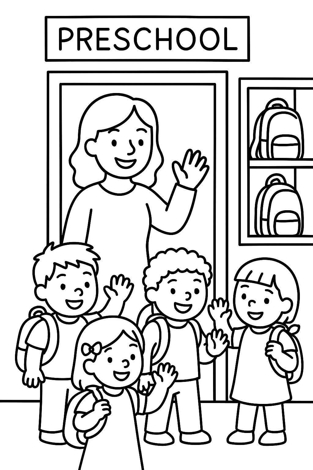 A preschool class waving goodbye at the classroom door with backpacks and cubbies nearby — printable coloring page
