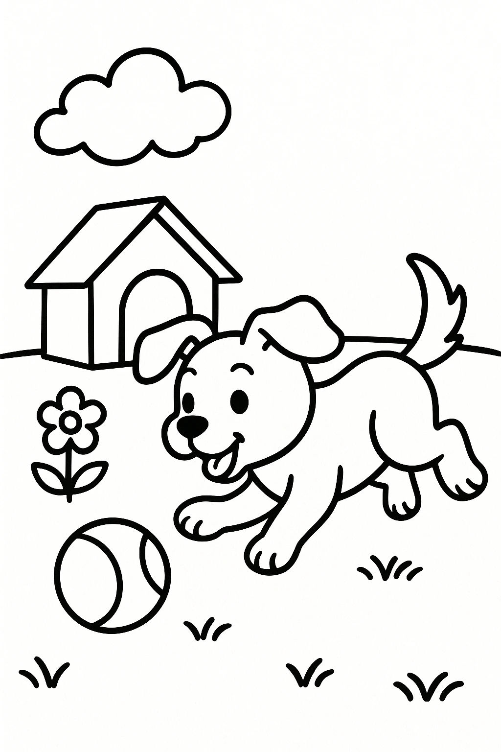 A puppy chasing a ball on a grassy patch, with a simple doghouse, one cloud, and a small flower — printable coloring page