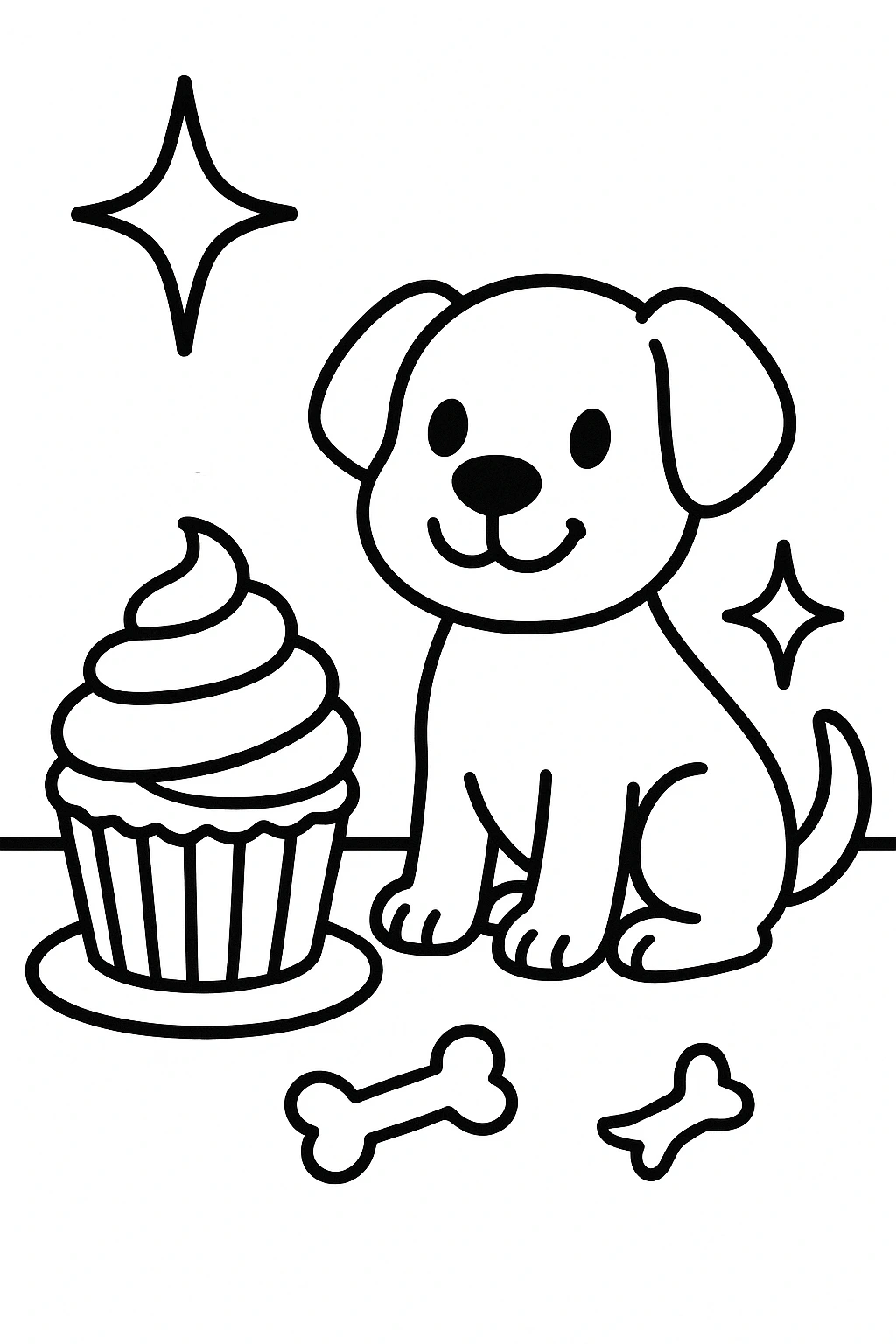 A puppy sitting beside a tall cupcake on a small plate, with two big sparkles and one tiny bone nearby, kept v — printable coloring page