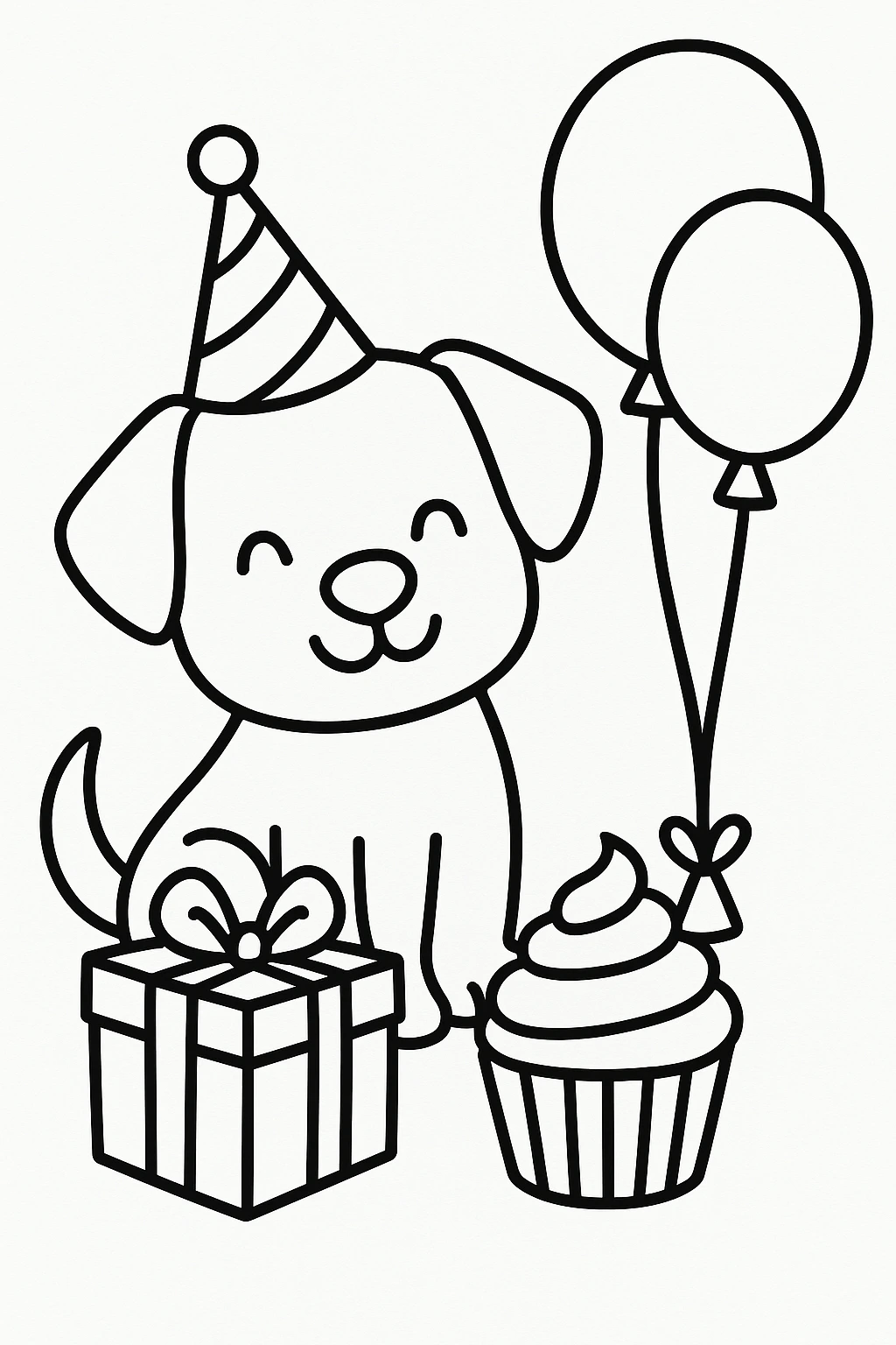 A puppy wearing a party hat, sitting beside a gift box and a cupcake, with two balloons tied to a small weight — printable coloring page